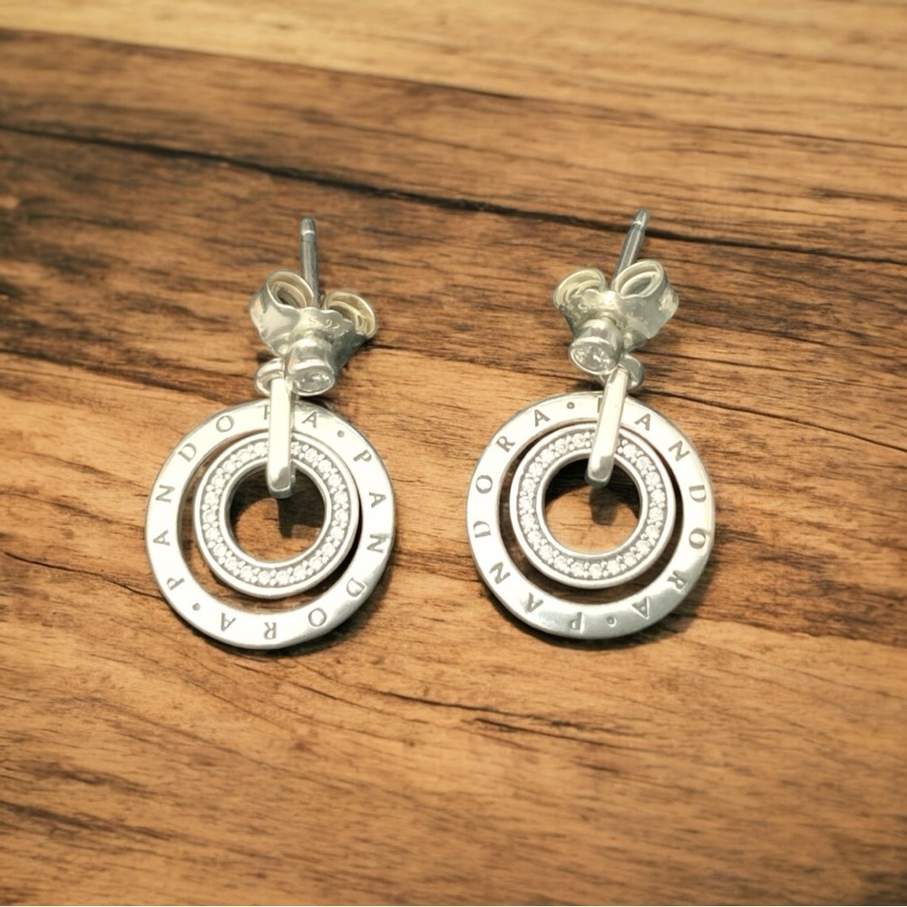 Pandora ALE 925 Sterling Silver CZ Signature Logo Stud Dangle Earrings
